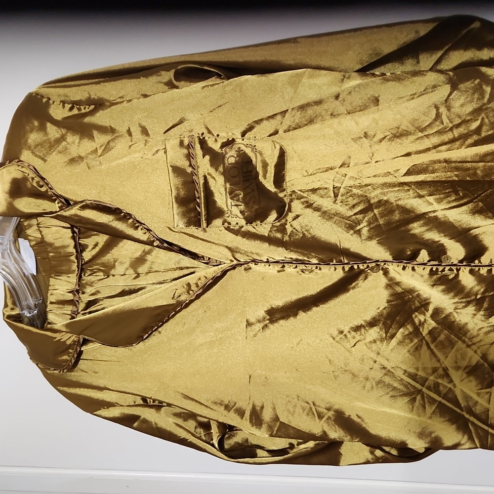 Taylor Swift Gold Silky Pajamas, logo, top, pants.